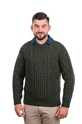 SAOL 100% Merinowolle Herren Aran Pullover mit Rundhalsausschnitt Kragen, Armeegrün, XL von SAOL