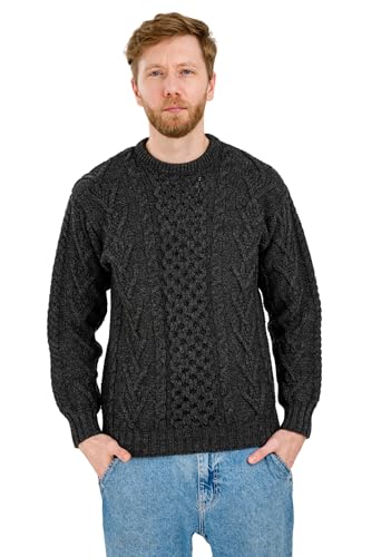 SAOL 100% Merinowolle Herren Aran Pullover mit Rundhalsausschnitt Kragen, Holzkohle, 3XL von SAOL