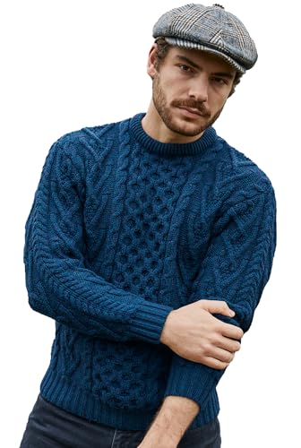 SAOL 100% Merinowolle Herren Aran Pullover mit Rundhalsausschnitt Kragen, M, Ozeanblau von SAOL