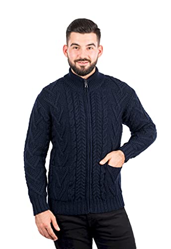 SAOL 100% Merinowolle Herren Reißverschluss Zopfstrick Winter Warm Cardigan Pullover mit Taschen in Anthrazit/Armeegrün - blau - X-Groß von SAOL