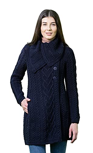 SAOL 100% Merinowolle Klassische Warme Irische Aran Cable Mantel für Damen in Natur/Armeegrün/Grau/Marine (Marine, Small) von SAOL