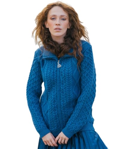 SAOL 100% Merinowolle Zopfmuster Damen-Bomberjacke mit Reißverschluss (DE/NL/SE/PL, Alphanumerisch, XS, Regular, Regular, Blaugrün) von SAOL