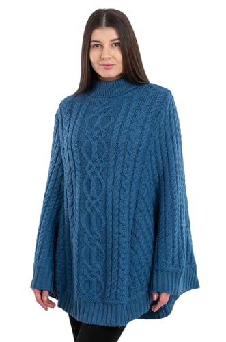 SAOL 100% Merinowolle Zopfmuster Damen Irish Aran Poncho Cardigan (Blaugrün, Klein – Mittel) von SAOL