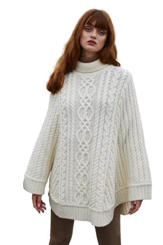 SAOL 100% Merinowolle Zopfmuster Damen Irish Aran Poncho Cardigan (Natürlich,Klein – Mittel) von SAOL