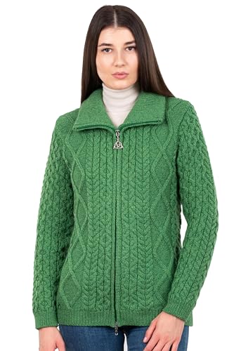 SAOL 100% Merinowolle Zopfmuster mit Reißverschluss Damen Bomberjacke mit Taschen, Grün von SAOL