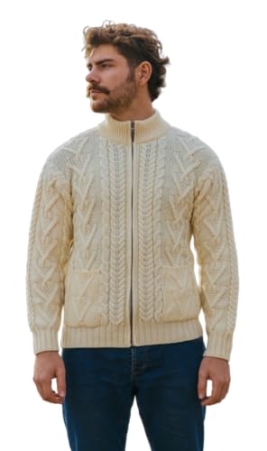 SAOL 100% irische Merinowolle Herren Reißverschluss Zopfstrick Winter Warm Cardigan Pullover mit Taschen in Anthrazit/Armeegrün - Braun - Groß von SAOL