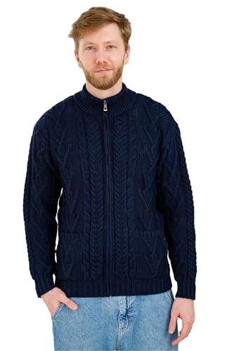 SAOL 100% Irische Merinowolle Herren Reißverschluss Zopfstrick Winter Warm Cardigan Pullover mit Taschen - blau - Groß von SAOL