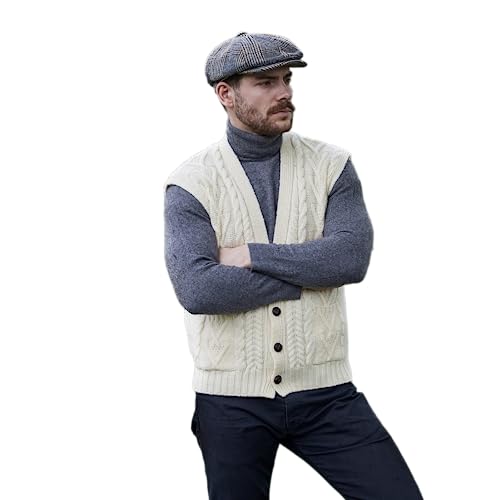 SAOL Ärmellose Strickjacke aus Irischem Zopfmuster 100% Merino Wolle mit V-Ausschnitt, Knöpfen und Taschen für Herren (Natur, M) von SAOL