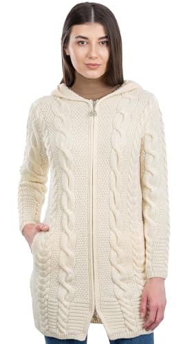 SAOL Aran Cardigan Irish Coat Cable Knit Kapuze Reißverschluss 100% Merino Wolle (Natur, Groß) von SAOL