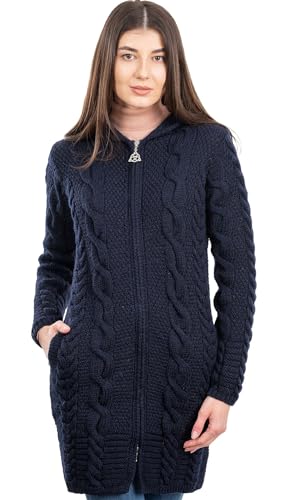 SAOL Aran Cardigan Irish Coat Cable Knit Kapuze Reißverschluss 100% Merino Wolle (Navy, Groß) von SAOL