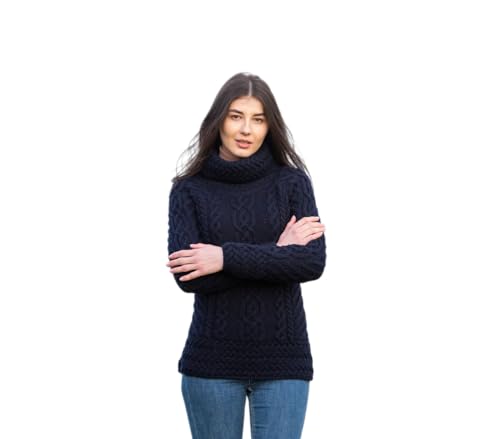 SAOL Aran Irisch Sweater für Damen aus 100% Merinowolle Irland Fisherman Zopfmuster Damen Pullover - Blau - Klein von SAOL