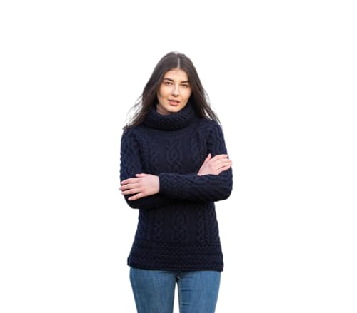 SAOL Aran Irisch Sweater für Damen aus 100% Merinowolle Irland Fisherman Zopfmuster Damen Pullover - Blau - Klein von SAOL