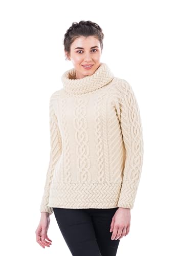 SAOL Aran Irisch Sweater für Damen aus 100% Merinowolle Irland Fisherman Zopfmuster Damen Pullover - Braun - Groß von SAOL