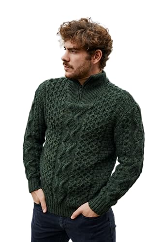 SAOL Aran Pullover für Herren Irish Fishermen Wolle Zip Neck Sweater Cardigan Made in Irland, Grün (Army Green), 3X-Groß von SAOL