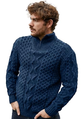 SAOL Aran Sweater für Herren Irish Fishermen Wolle Zip Neck Sweater Cardigan Made in Ireland, Ozeanblau, 3X-Groß von SAOL