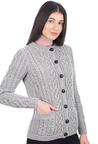 SAOL Damen Strickjacke Cardigan mit Taschen aus 100% Merino Wolle (Grau, Klein) von SAOL