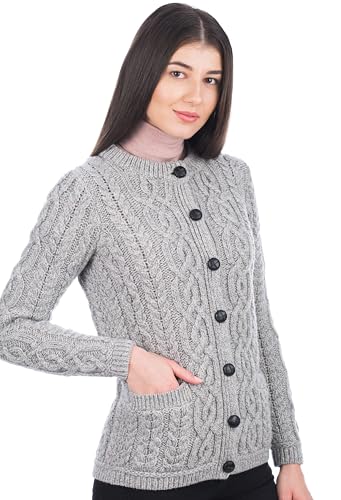 SAOL Damen Cardigan Strickjacke mit Taschen 100% Merino Wolle (Grau, Mittel) von SAOL