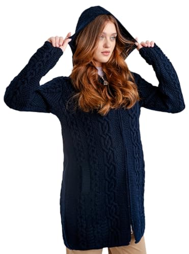 SAOL Damen Cardigan mit Kapuze, 100% irische Merinowolle, keltischer Reißverschluss - Blau - XX-Large von SAOL