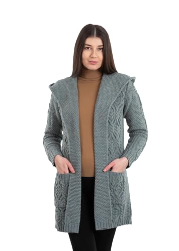 SAOL Damen Mantel aus 100% Merinowolle Klassischer Passform Lange Strickjacke mit Kapuze von SAOL