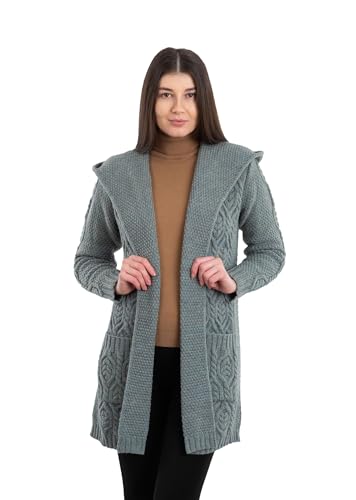 SAOL Damen Mantel aus 100% Merinowolle Klassischer Passform Lange Strickjacke mit Kapuze von SAOL