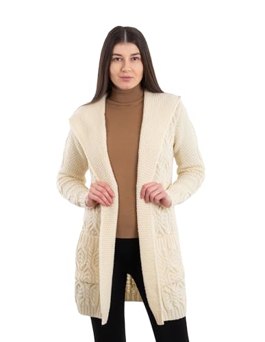 SAOL Damen Mantel aus 100% Merinowolle Klassischer Schnitt Lange Strickjacke mit Kapuze von SAOL