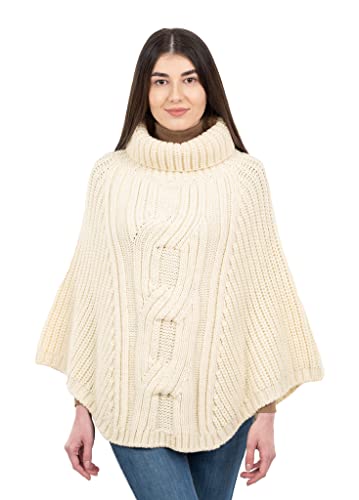 SAOL Damen Poncho aus 100% Merinowolle mit Zopfmuster, Beige - Einheitsgröße von SAOL