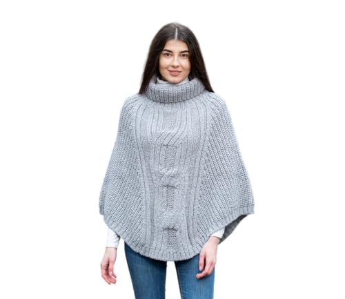 SAOL Damen Poncho aus 100% Merinowolle mit Zopfmuster - Grau - Einheitsgröße von SAOL