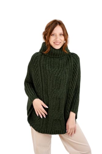SAOL Damen Poncho aus 100% Merinowolle mit Zopfmuster Hergestellt in Irland- Grün Einheitsgröße von SAOL