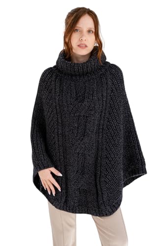 SAOL Damen Poncho aus 100% Merinowolle mit Zopfmuster für Damen Einheitsgröße (Anthrazit) von SAOL