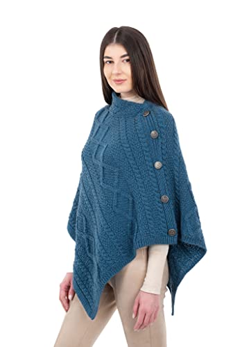 SAOL Damen-Poncho aus Wolle mit keltischen Knöpfen, Zopfstrick-Strickjacke, Wasserfallausschnitt Cape (DE/NL/SE/PL, Alphanumerisch, L, XL, Regular, Regular, Blau Grün) von SAOL