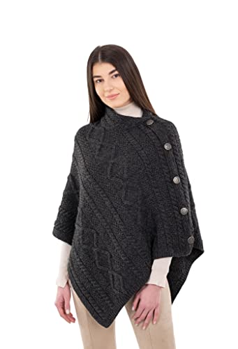 SAOL Damen-Poncho aus Wolle mit keltischen Knöpfen, Zopfstrick-Strickjacke, Wasserfallausschnitt Cape (DE/NL/SE/PL, Alphanumerisch, L, XL, Regular, Regular, Charcoal) von SAOL