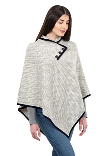 SAOL Damen Poncho mit Fischgrätenmuster, weiche Wollmischung, graues Fischgrätmuster, Small-Medium von SAOL