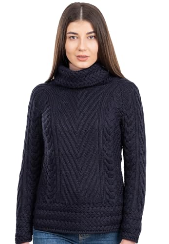SAOL Damen Rollkragenpullover mit Geripptem Irischem Zopfmuster, Marine von SAOL