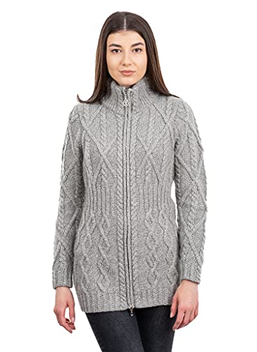 SAOL Damen-Strickjacke, 100% Merinowolle, Zopfmuster, mit durchgehendem Reißverschluss - Grau - Klein von SAOL