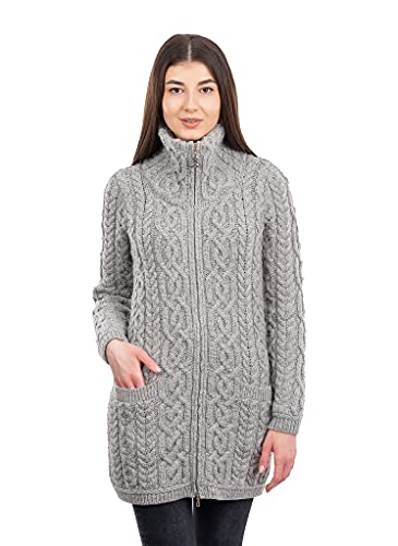 SAOL Damen-Strickjacke Aran mit Reißverschluss, 100% Merinowolle, irischer Mantel mit Taschen und Stehkragen - Grau - Groß von SAOL