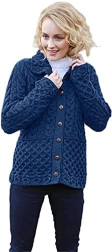 SAOL Damen Strickjacke Cardigan mit Wabenmuster 100% Merinowolle Irischer Strick mit Knöpfen (Atlantisches Blau, L) von SAOL
