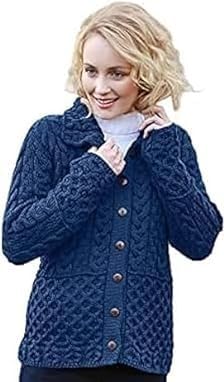 SAOL Damen Strickjacke Cardigan mit Wabenmuster 100% Merinowolle Irischer Strick mit Knöpfen (Atlantisches Blau, XXL) von SAOL