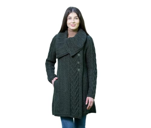 SAOL Damen Strickjacke aus 100 % irischer Merinowolle, klassisch, Zopfmuster, mit Taschen, grün, M von SAOL