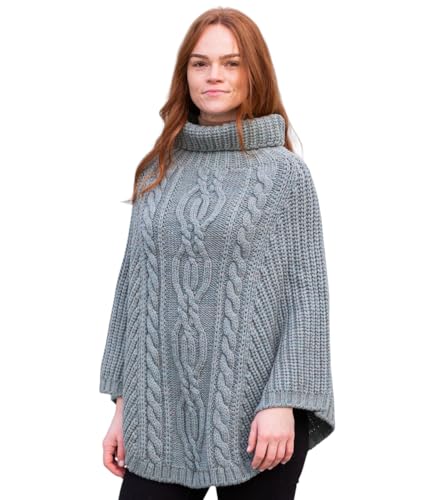 SAOL Damen Strickjacke aus100% Merinowolle Zopfmuster Irische Aran Poncho (Skylight) von SAOL