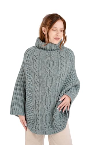SAOL Damen Strickjacke aus 100% Merinowolle Zopfmuster Irische Aran Poncho Einheitsgröße, Skylight von SAOL