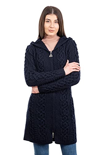 SAOL Damen Strickjacke mit Kapuze 100% Merinowolle keltischer Reißverschluss - Blau - Klein von SAOL