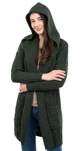 SAOL Damen Strickjacke mit Kapuze aus 100% Merinowolle Klassische Passform Lang, Armee-grün, Groß von SAOL