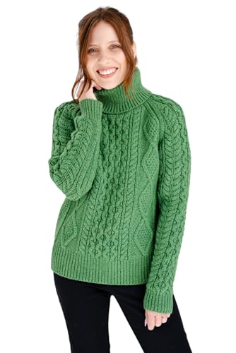 SAOL Damen Irischer Rollkragen Zopfmuster Pullover hergestellt in Irland (Grün, X-Klein) von SAOL