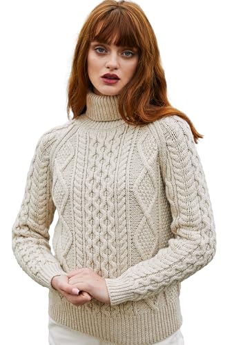 SAOL Damen Wollpullover Irischer Zopfmusterpullover Hergestellt in Irland(Pastinake, Mittel) von SAOL