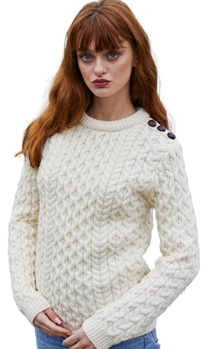 SAOL Damenpullover aus 100% Merinowolle mit seitlichen Knöpfen (Natürlich, Mittel) von SAOL