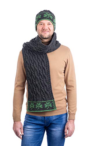 SAOL Grün Kleeblatt Strickschal Drei Shamrock Merino Wollschal für Herren aus 100% Merinowolle Winterschal, in Natur/Holzkohle/Marine/Grün (Holzkohle) von SAOL