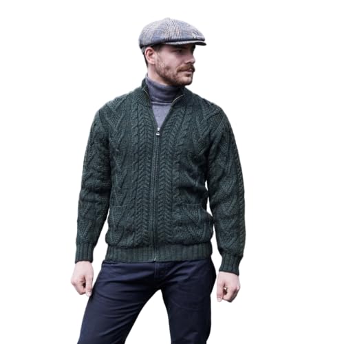 SAOL Herren Reißverschluss Zopfmuster Winter Warm Cardigan Sweater aus 100% Merinowolle mit Taschen (Armee-grün, 3XL) von SAOL
