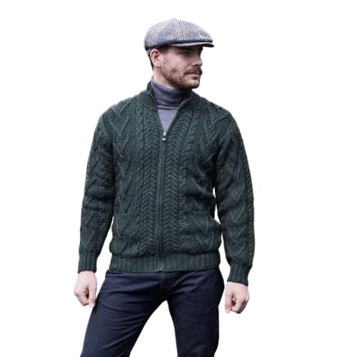 SAOL Herren Reißverschluss Zopfmuster Winter Warm Cardigan Sweater aus 100% Merinowolle mit Taschen (Armee-grün, L) von SAOL