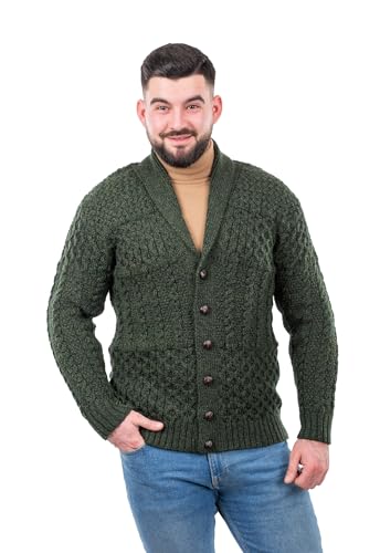 SAOL Herren Strickjacke Merino Wolle Strick Schalkragen Casual Sweater mit Knöpfen, Armee-grün, Groß von SAOL