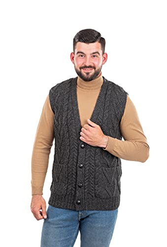 SAOL Herren-Weste, 100% Merinowolle, V-Ausschnitt, ärmellos, irische Zopfstrickjacke, Pullover mit Knöpfen und Taschen - Schwarz - X-Groß von SAOL